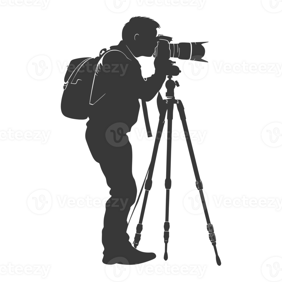 AI generated Silhouette cameraman or videographer in action black color only full body png