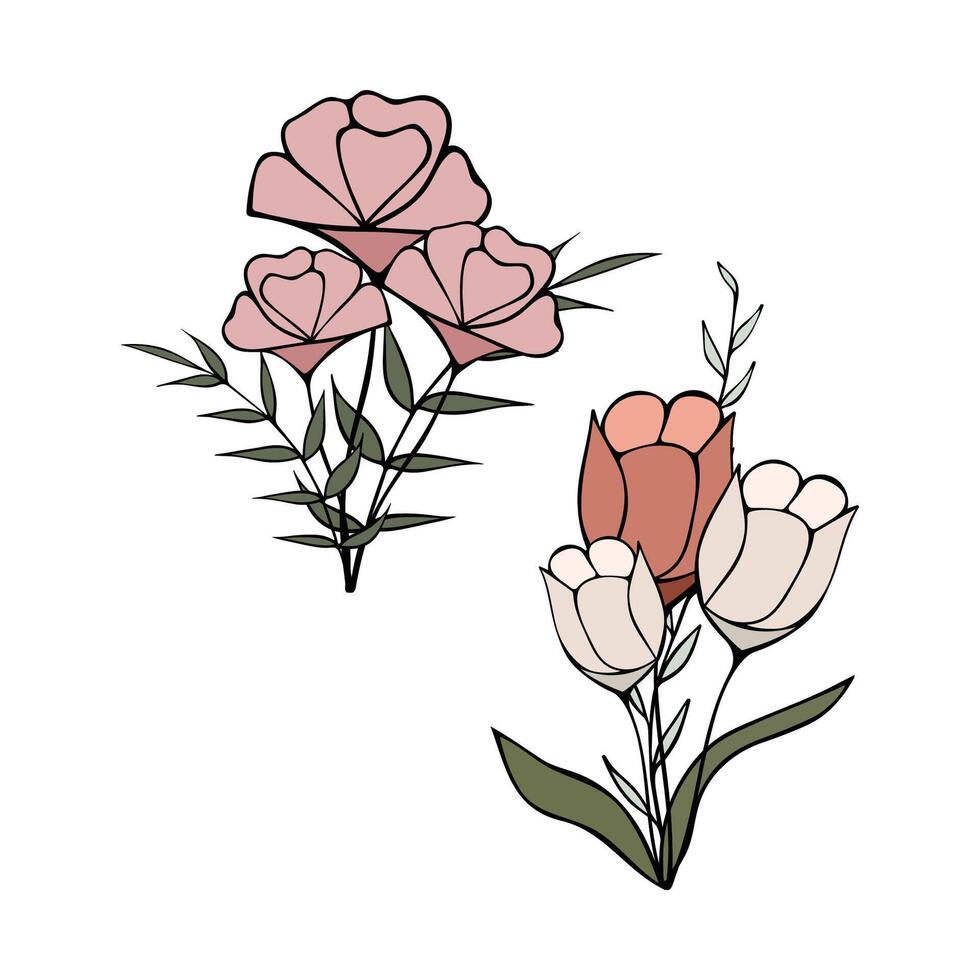 Vector set of bouquets of wild flowers on a white background.