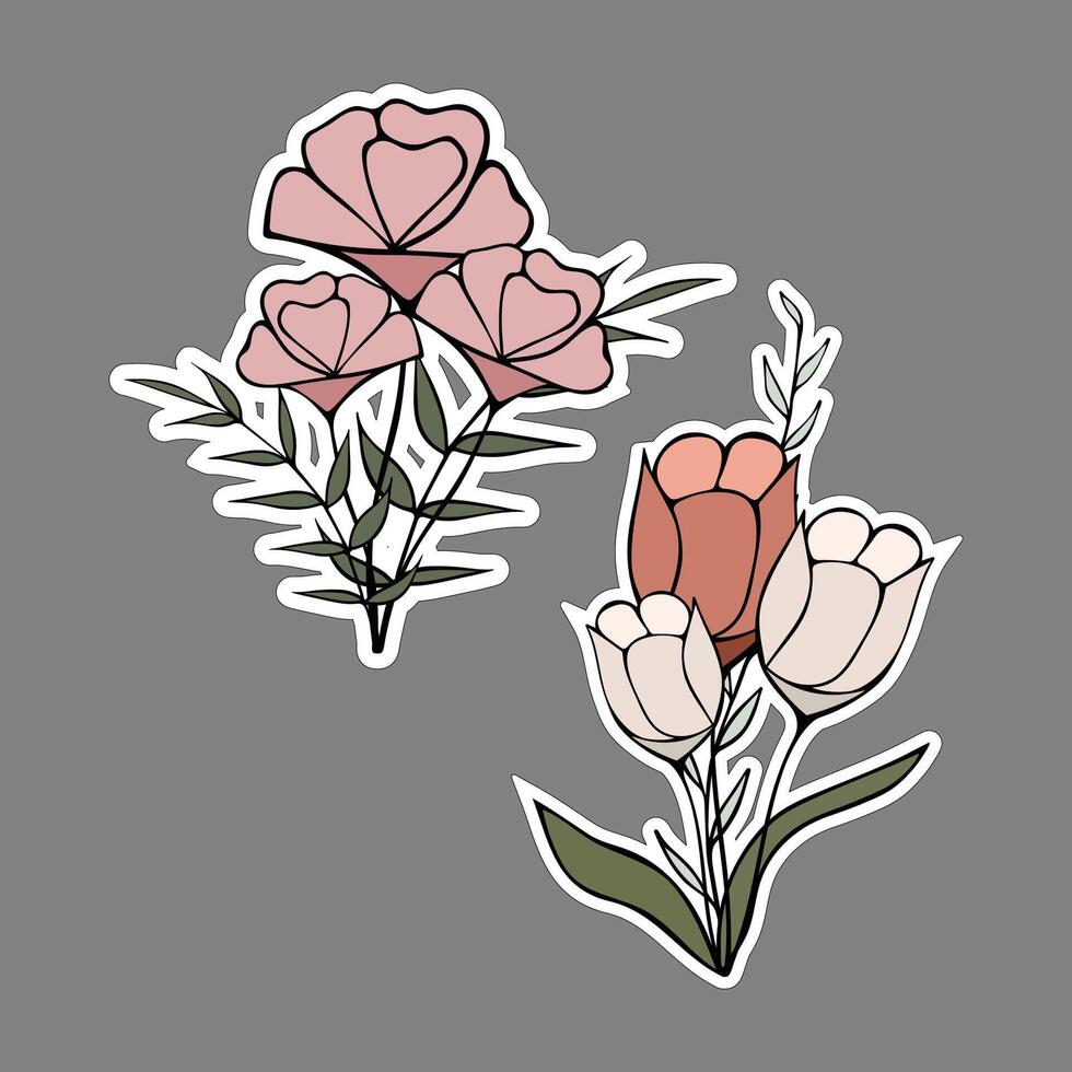 Sticker vector bouquet of wild flowers on a white background.