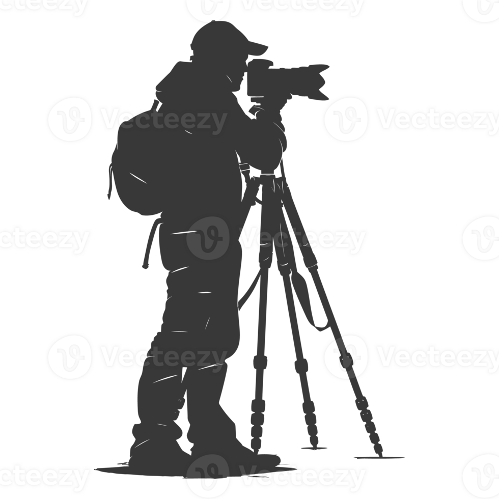 AI generated Silhouette cameraman or videographer in action black color only full body png