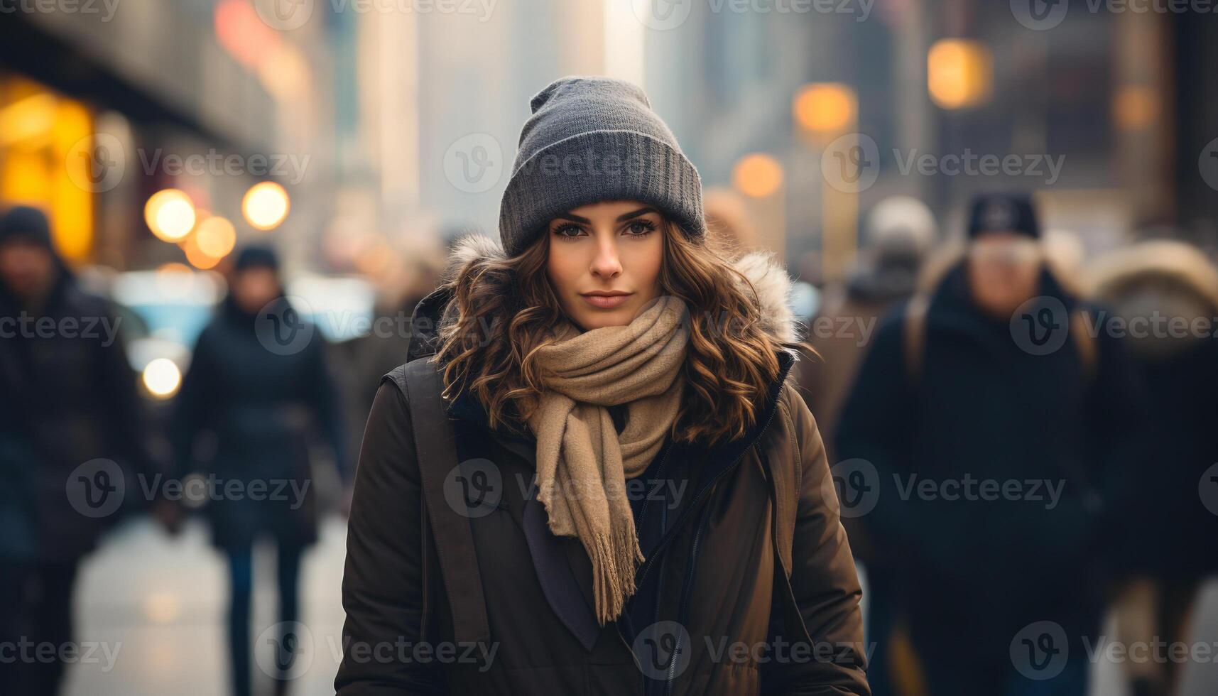 ai generado joven mujer caminando en el ciudad, sonriente, vistiendo calentar ropa generado por ai foto