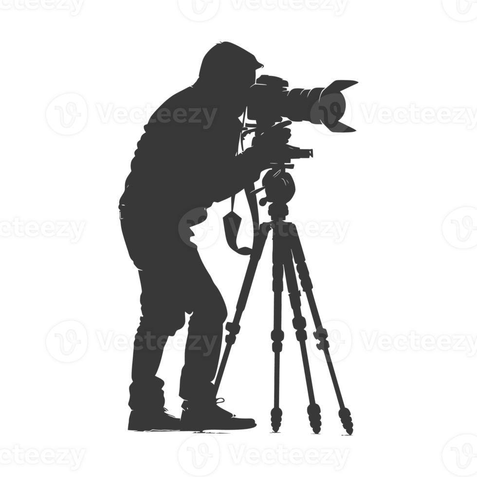 AI generated Silhouette cameraman or videographer in action black color only full body png