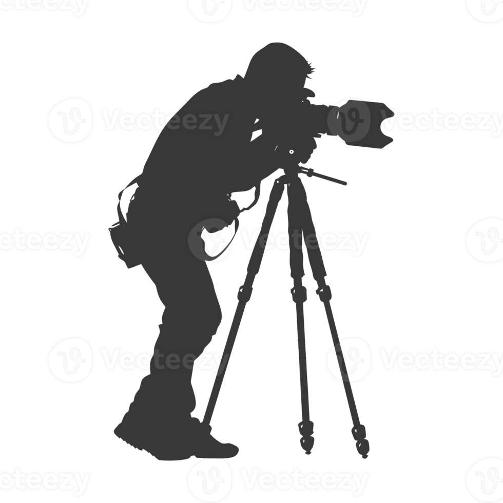 AI generated Silhouette cameraman or videographer in action black color only full body png