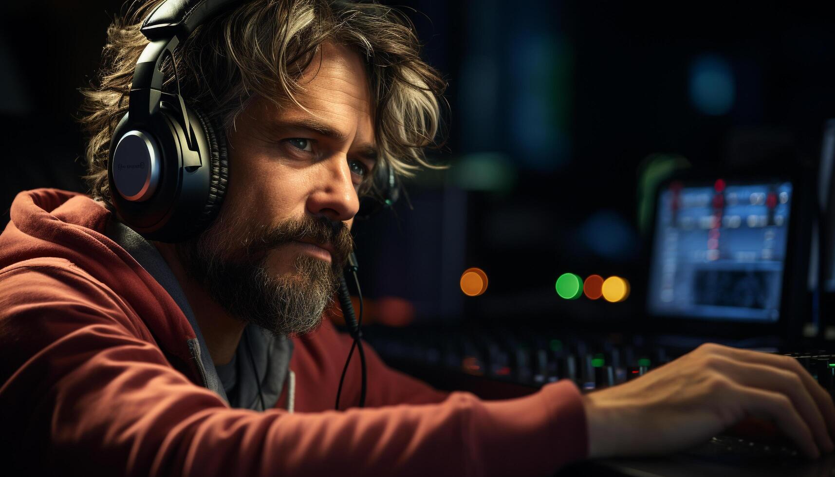 AI generated Young adult Caucasian man enjoying nightlife at a nightclub, listening to music with headphones generated by AI photo