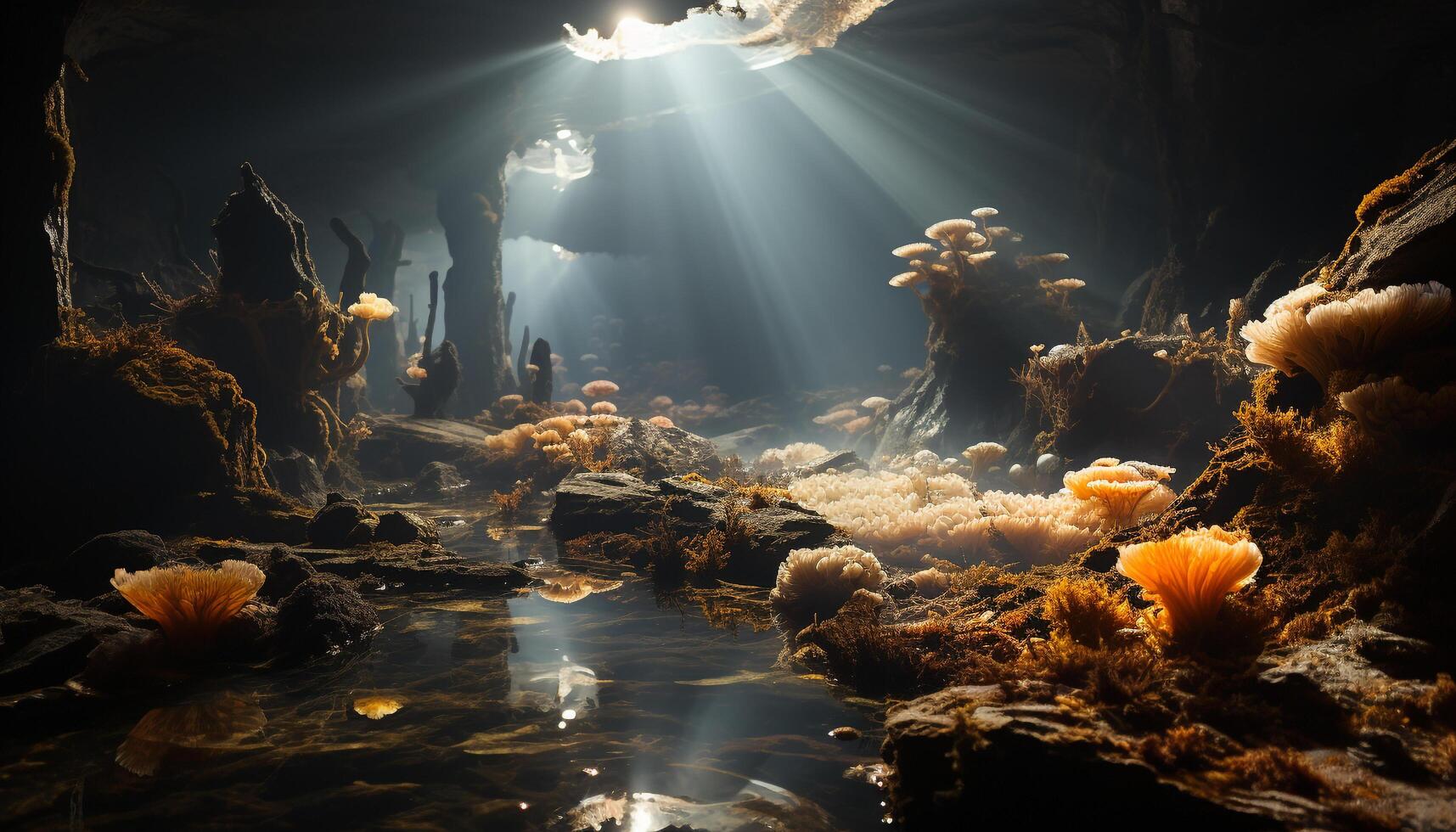 AI generated Underwater fish swim in the deep blue sea, surrounded by coral generated by AI photo