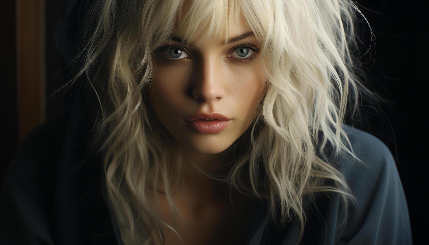 AI generated Beautiful blond woman with blue eyes looking at camera confidently generated by AI photo