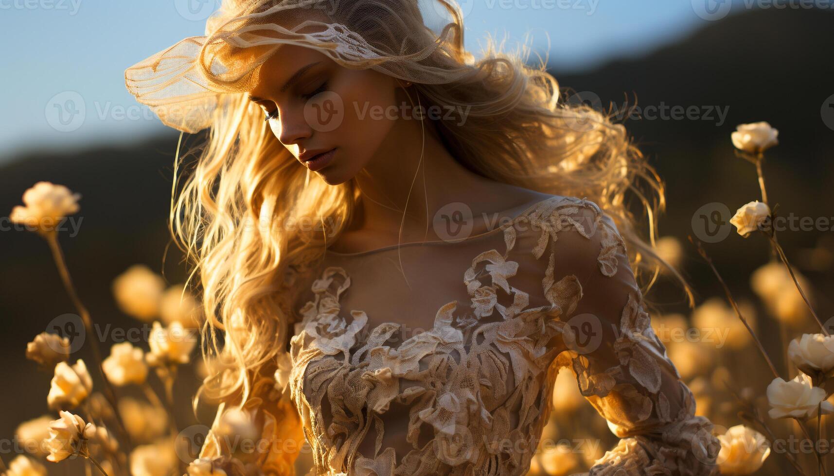 ai generado uno hermosa mujer en un prado, disfrutando el puesta de sol generado por ai foto