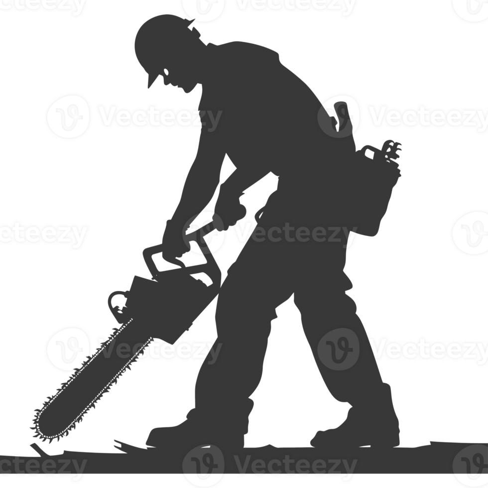 AI generated Silhouette carpenter with chainsaw in action black color only full body png
