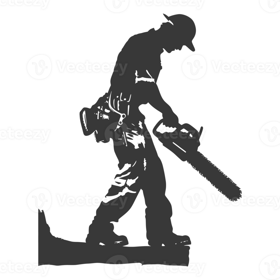 AI generated Silhouette carpenter with chainsaw in action black color only full body png