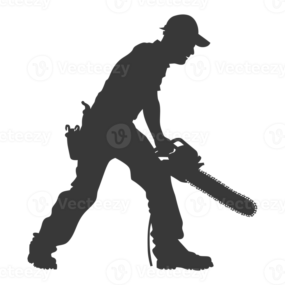 AI generated Silhouette carpenter with chainsaw in action black color only full body png