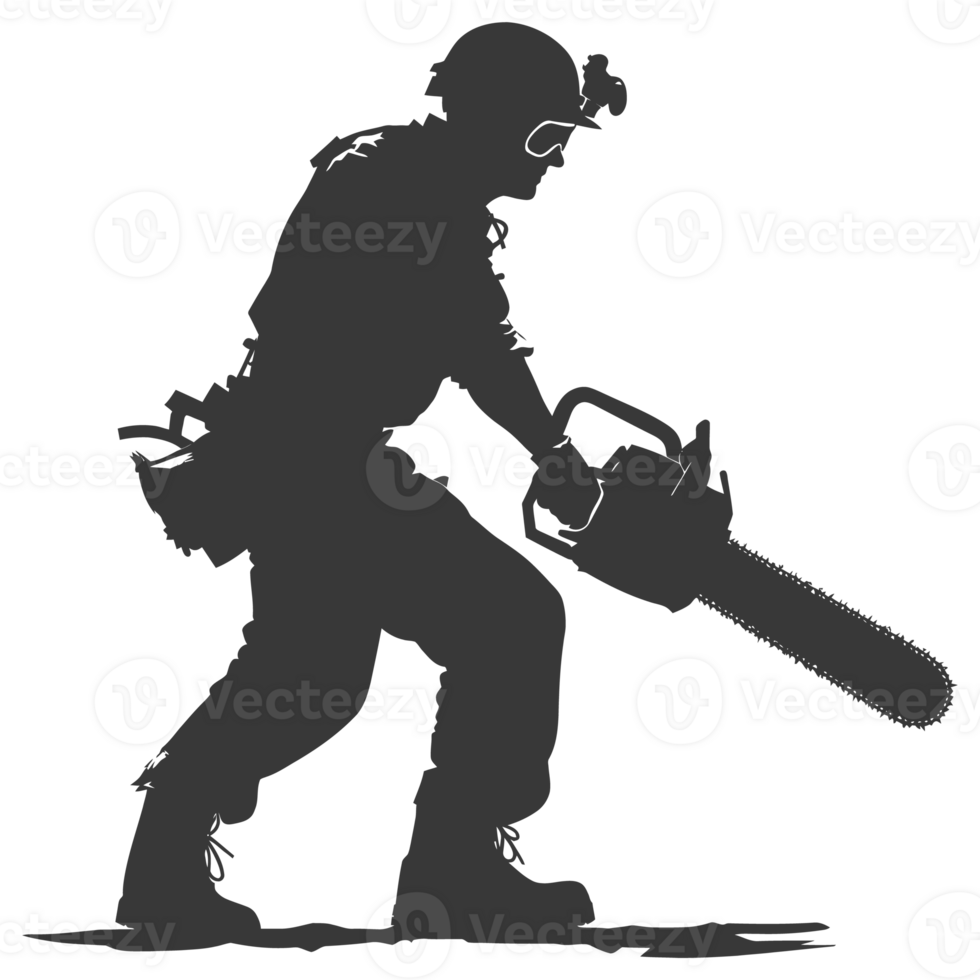 AI generated Silhouette carpenter with chainsaw in action black color only full body png