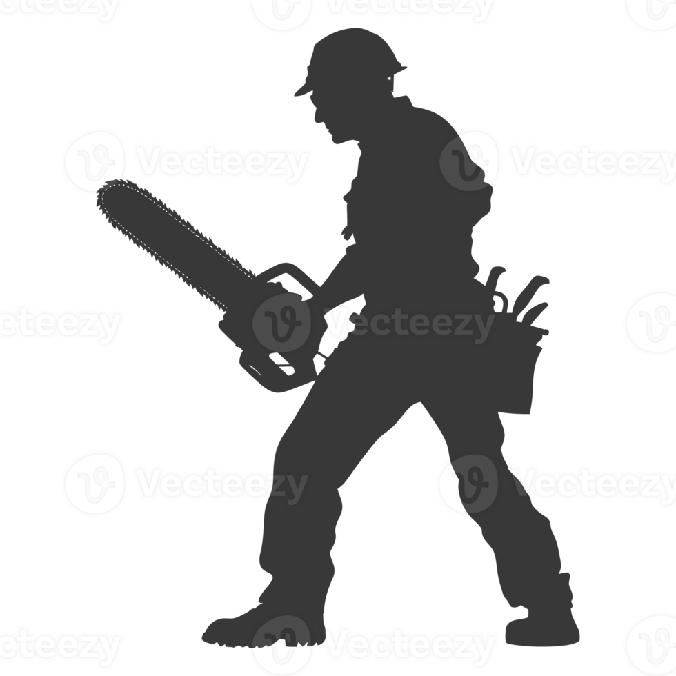 AI generated Silhouette carpenter with chainsaw in action black color only full body png