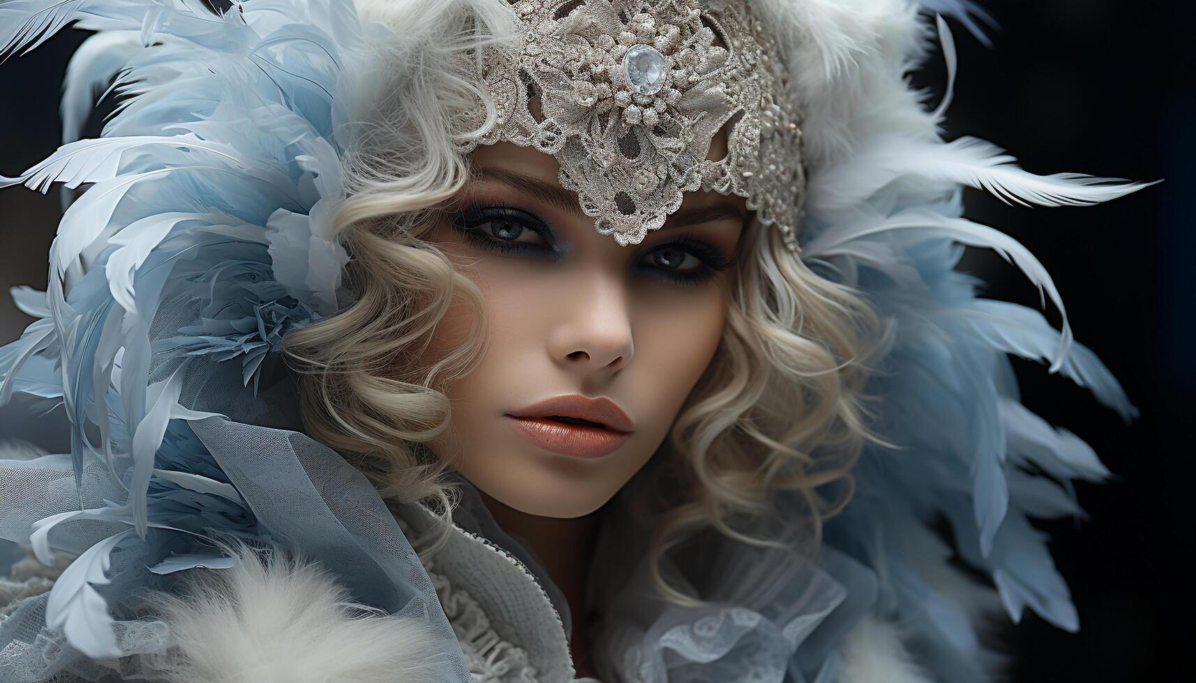 AI generated Beautiful woman with long blond hair wearing a blue feather mask generated by AI photo