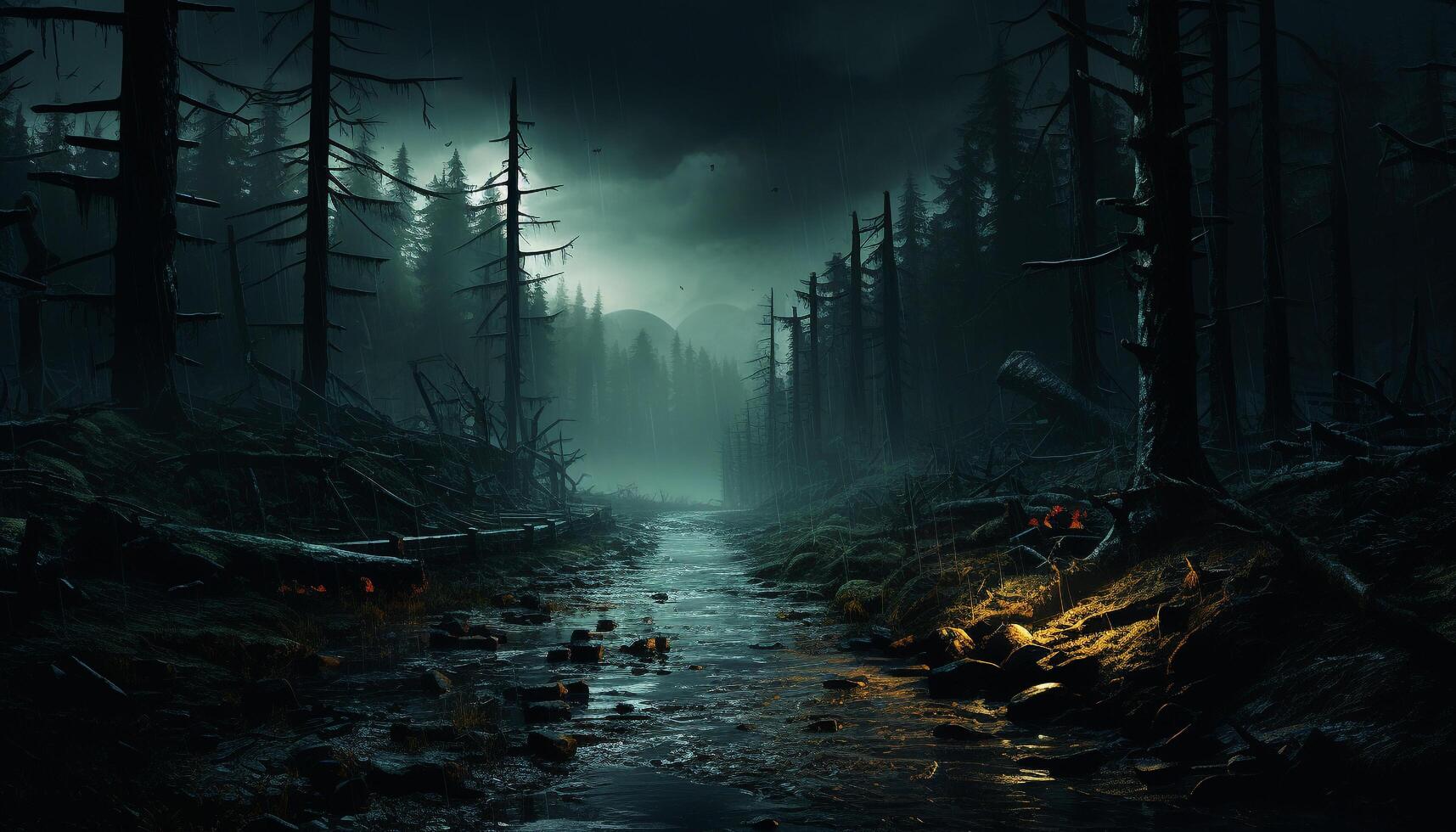 AI generated Spooky night, dark mystery, evil silhouette walking through fog generated by AI photo