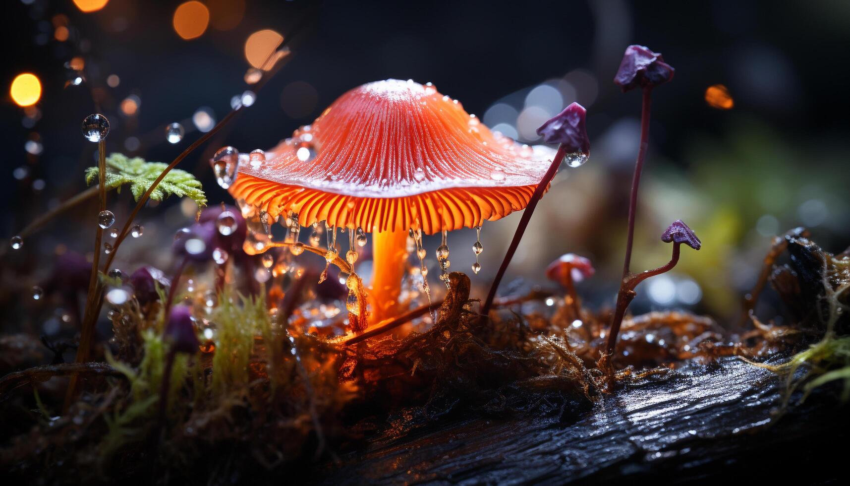 AI generated Freshness of autumn growth in uncultivated forest, close up of toadstool generated by AI photo