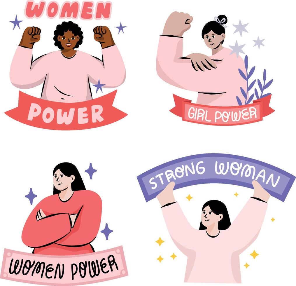 International Women's Day March 8 Girl Power Set Illustration Vector