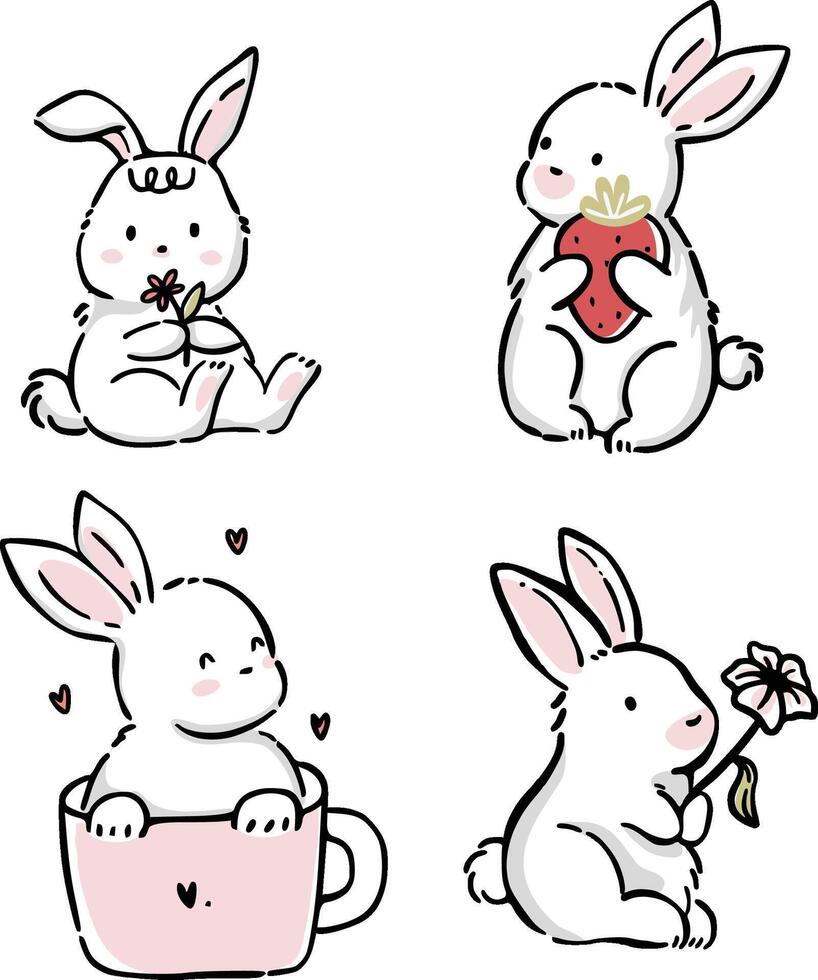 Kawaii Cute Bunny Sticker set Illustration Vector