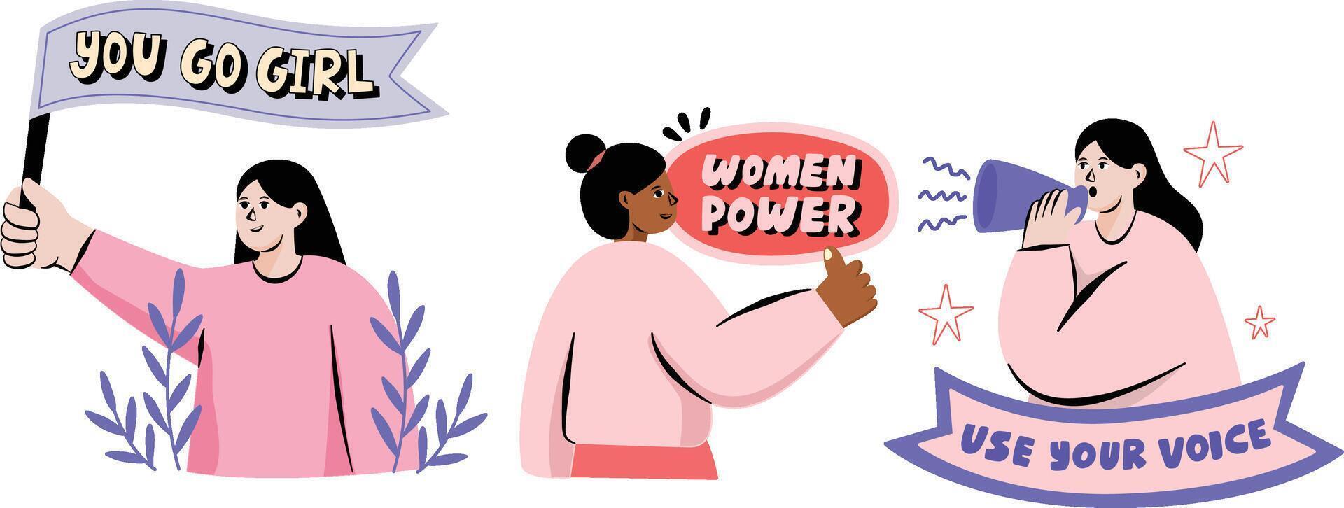 International Women's Day March 8 Girl Power Set Illustration Vector