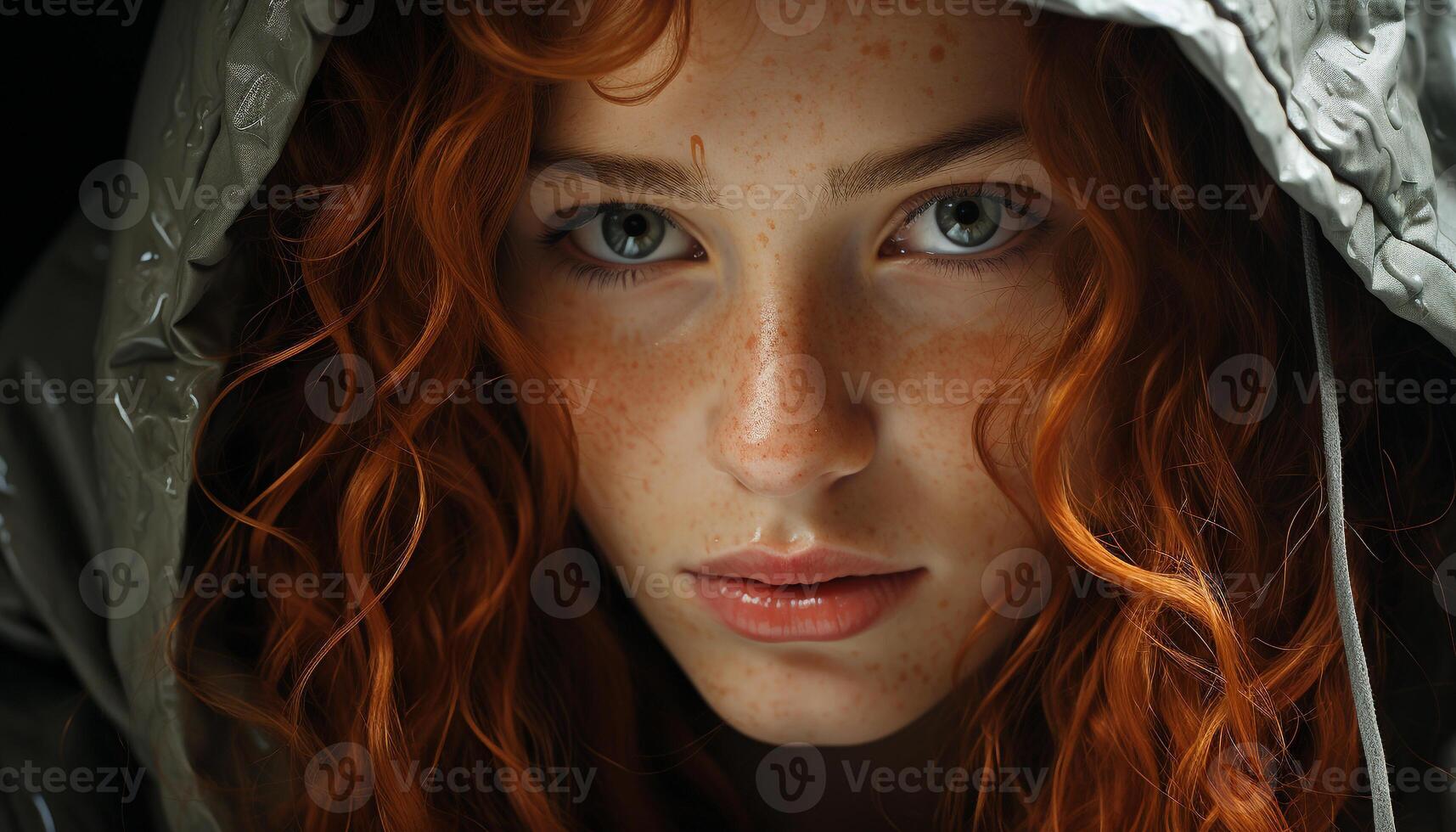 AI generated Young woman with wet hair looking at camera, smiling outdoors generated by AI photo
