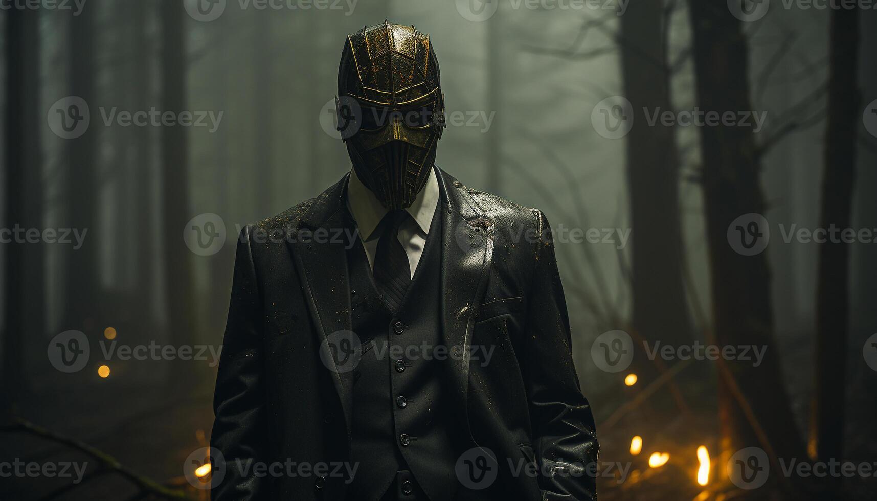 AI generated A spooky businessman walks in the dark forest, armed with elegance generated by AI photo
