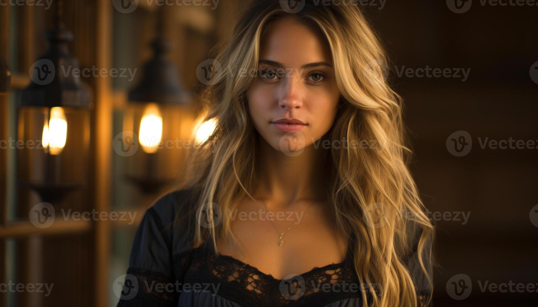 AI generated A beautiful young woman, confident and elegant, looking at camera generated by AI photo