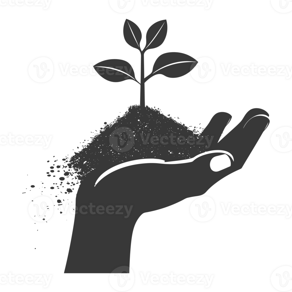 AI generated Silhouette Hand holding soil with growing sprout black color only earth day celebration png