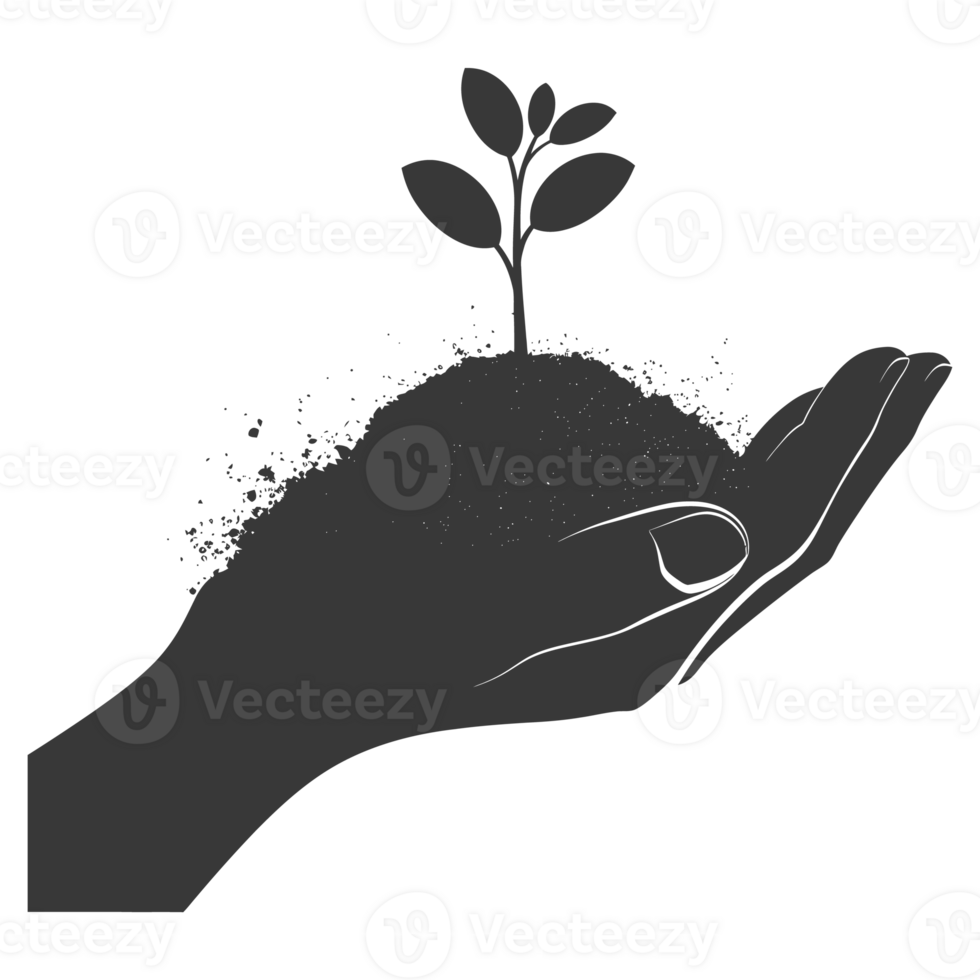 AI generated Silhouette Hand holding soil with growing sprout black color only earth day celebration png