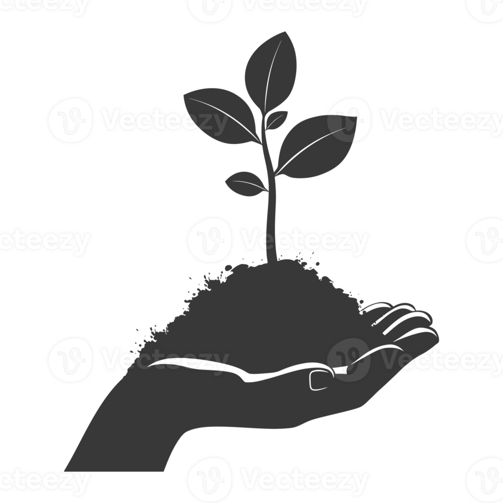 AI generated Silhouette Hand holding soil with growing sprout black color only earth day celebration png