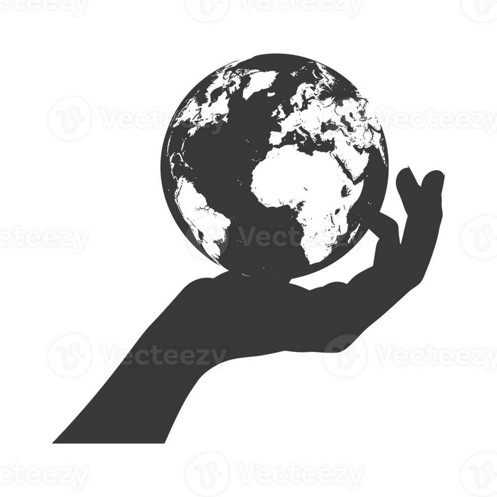 AI generated Silhouette hand holding earth black color only earth day celebration png