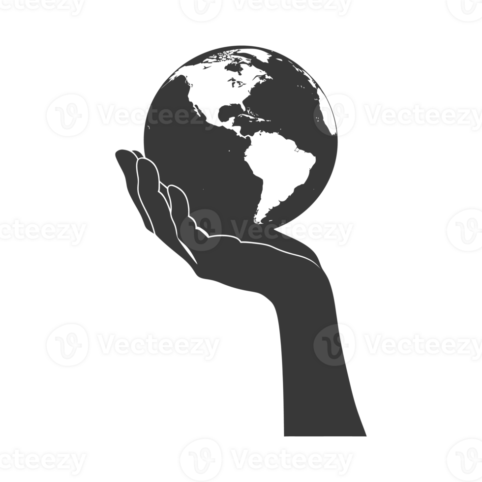 AI generated Silhouette hand holding earth black color only earth day celebration png