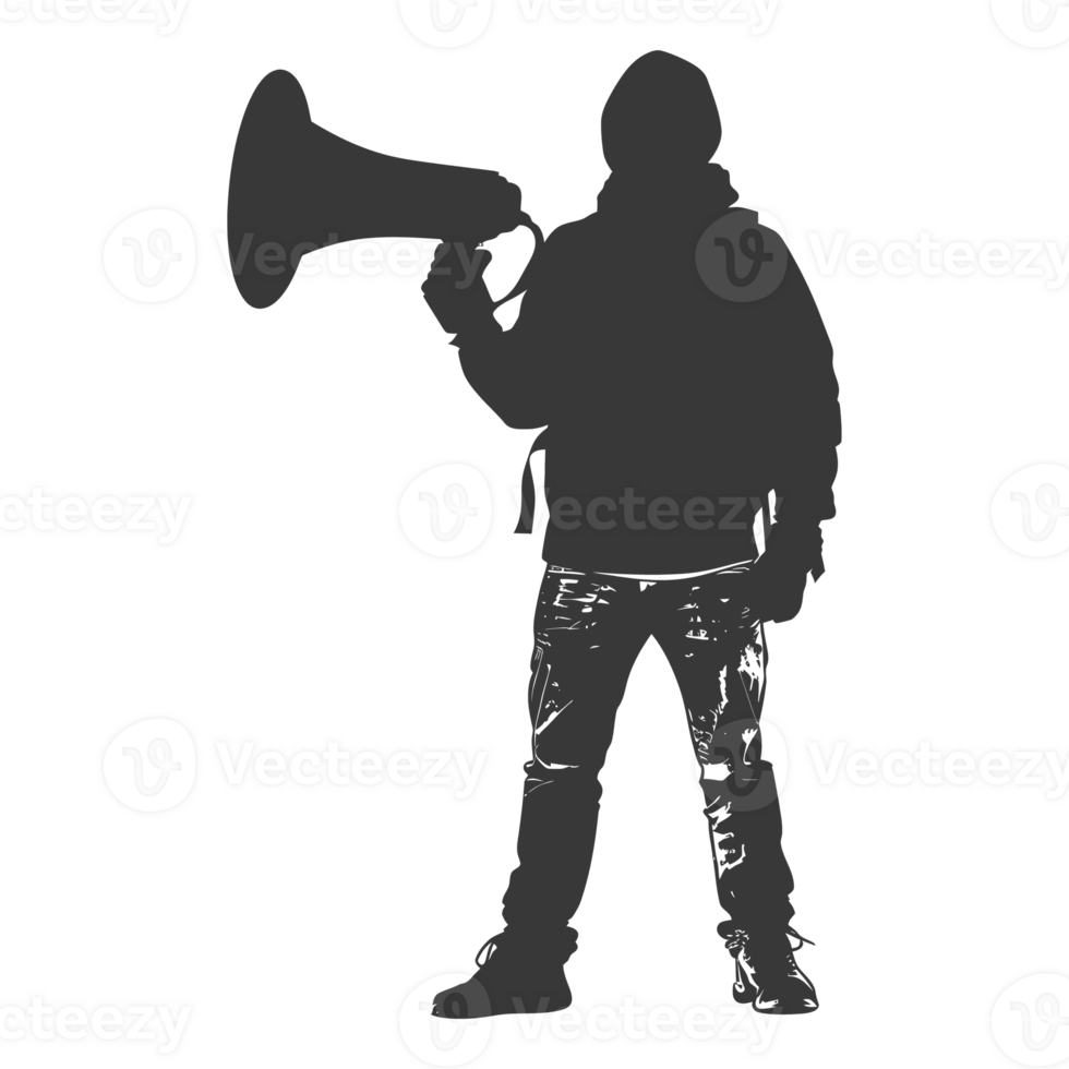 AI generated Silhouette demonstrators holding loudspeaker alone black color only png