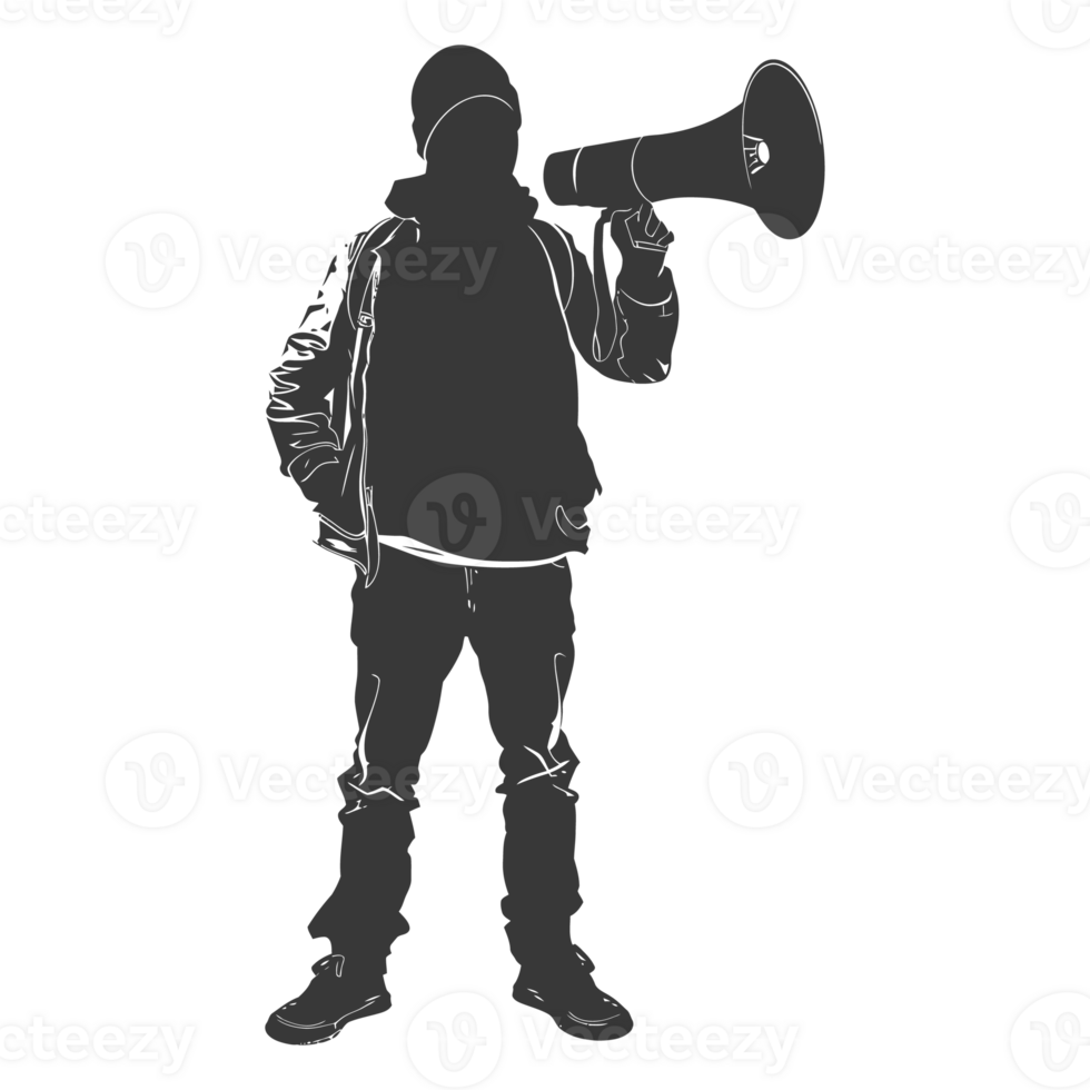 AI generated Silhouette demonstrators holding loudspeaker alone black color only png