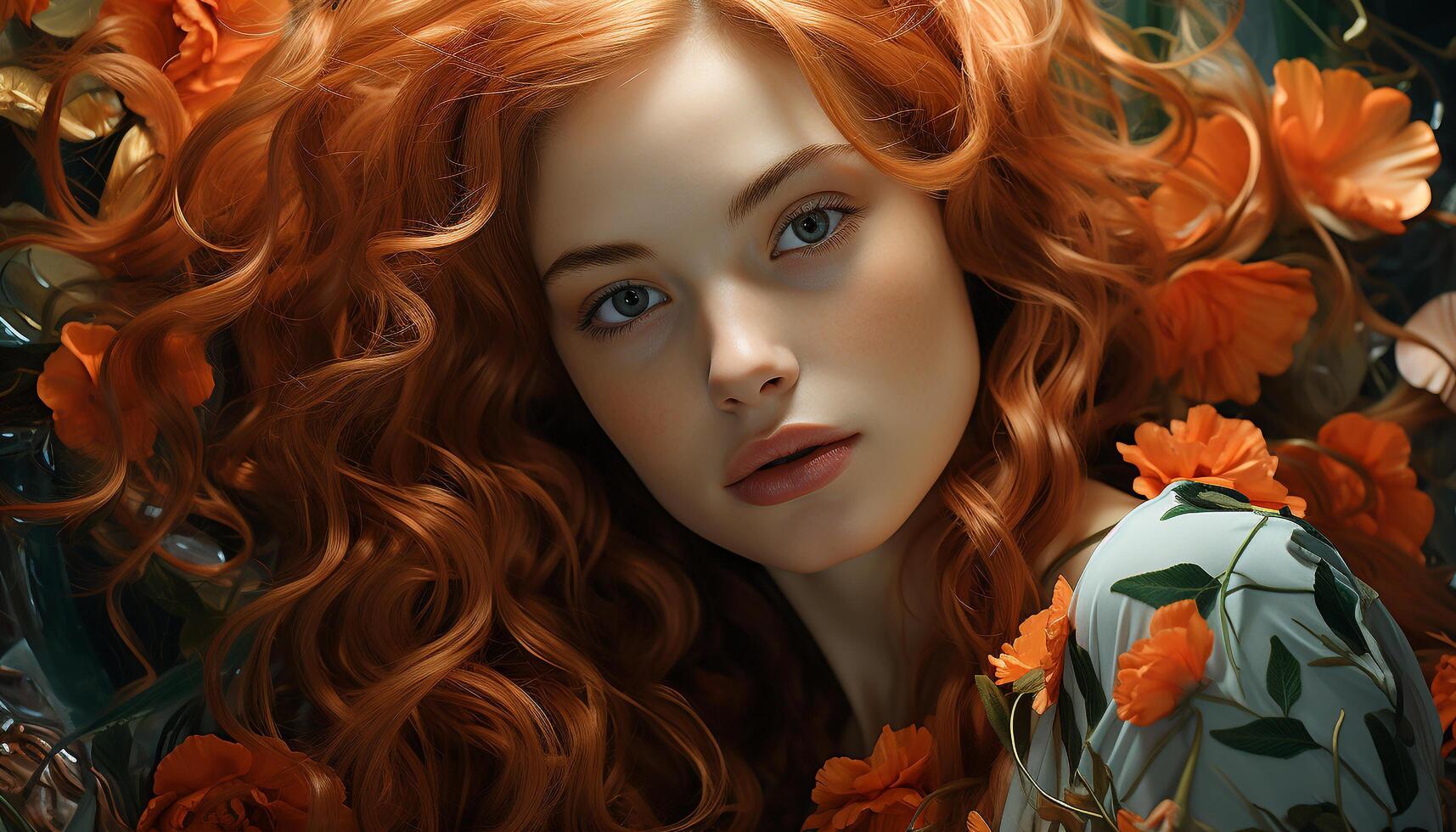 AI generated One beautiful woman, with curly hair, looking at camera generated by AI photo