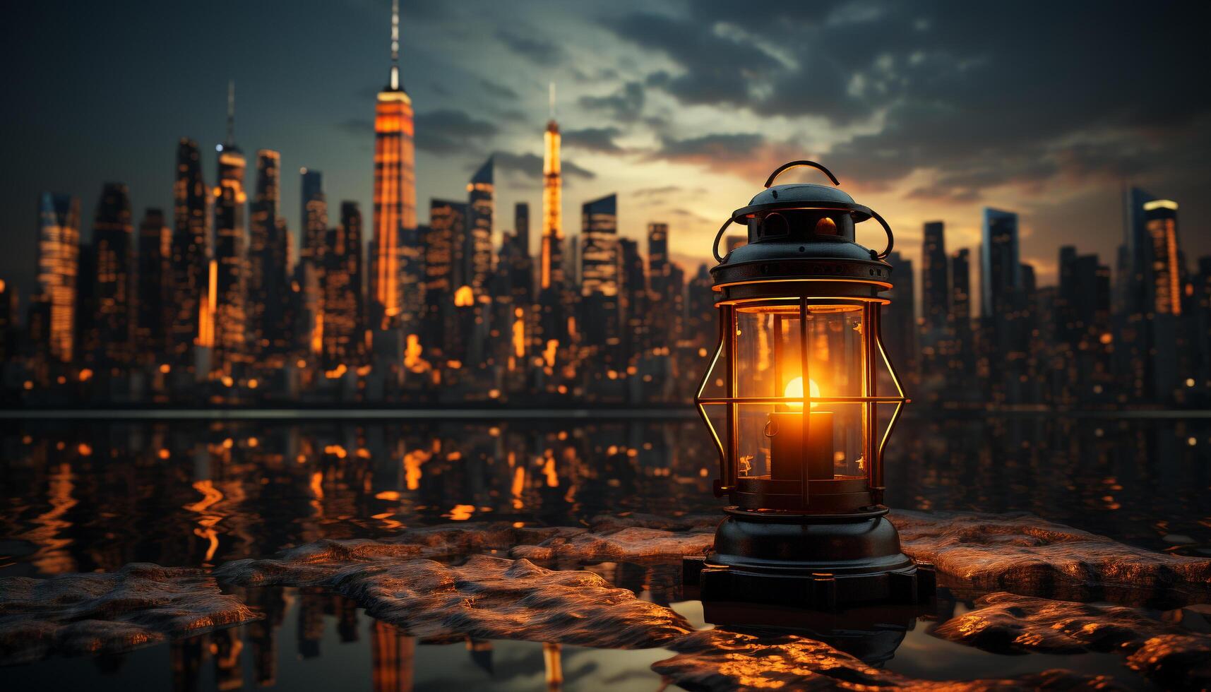 AI generated Cityscape illuminated by lanterns at dusk reflects on water generated by AI photo