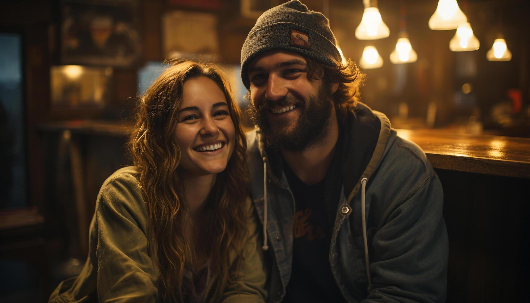 AI generated Smiling young couple enjoying winter, embracing love and happiness generated by AI photo