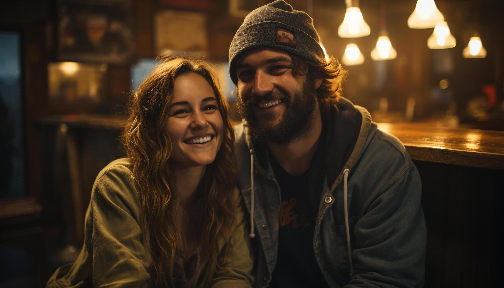 ai generado sonriente joven Pareja disfrutando invierno, abrazando amor y felicidad generado por ai foto