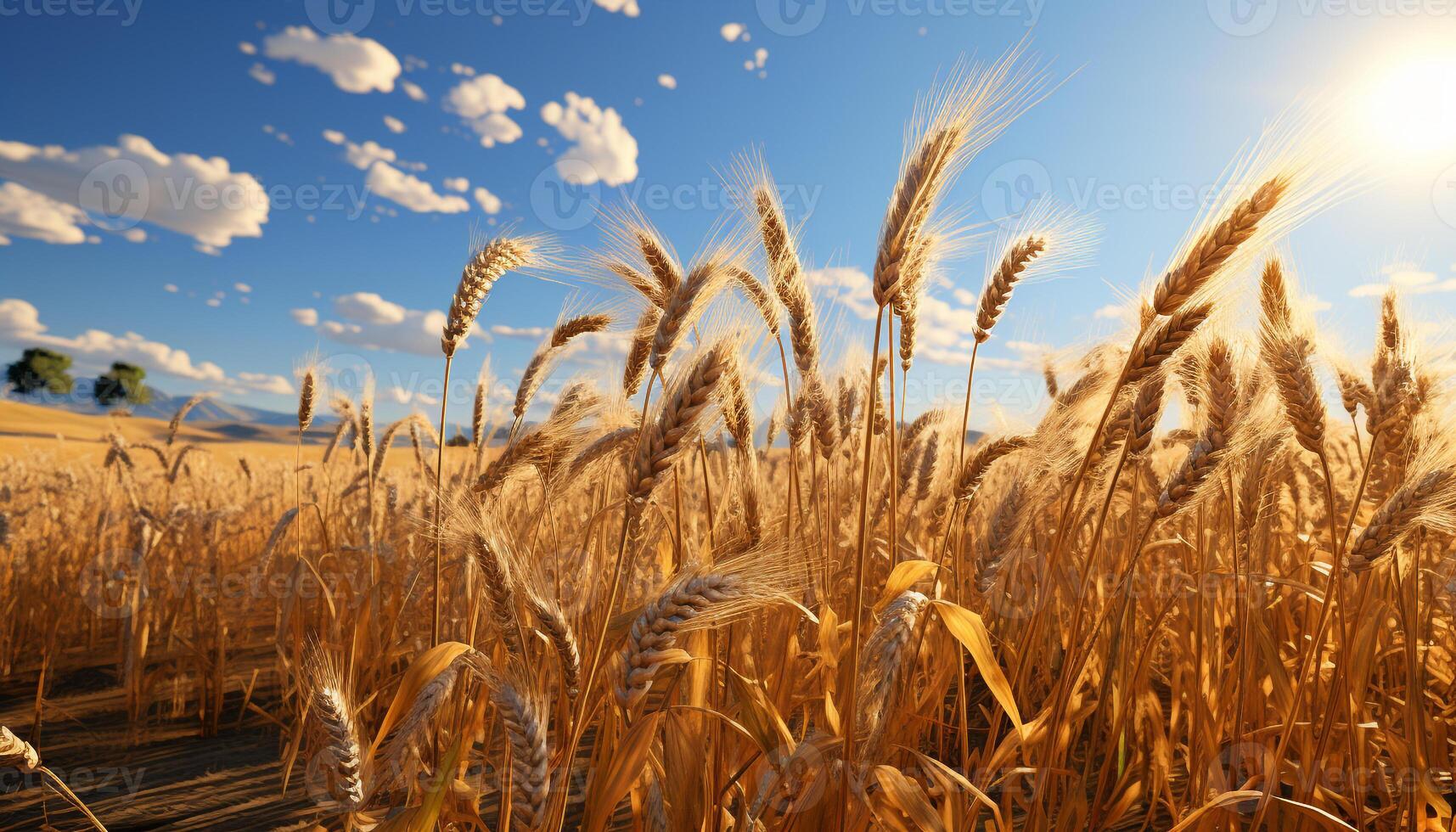 AI generated Rural farm, yellow wheat growth, sunset sky, tranquil meadow generated by AI photo