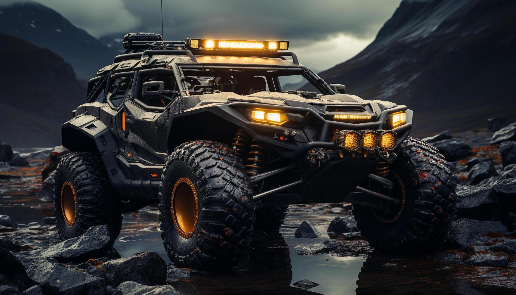 AI generated Off road vehicle speeds through muddy terrain, igniting flames of adventure generated by AI photo