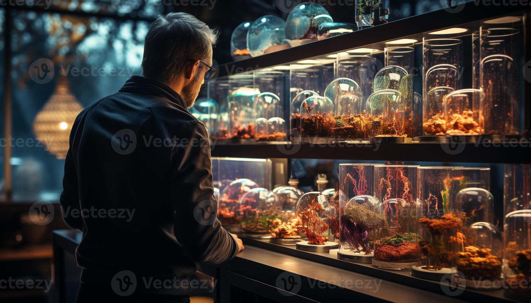 AI generated One man selling fresh fish outdoors, smiling, choosing customers generated by AI photo