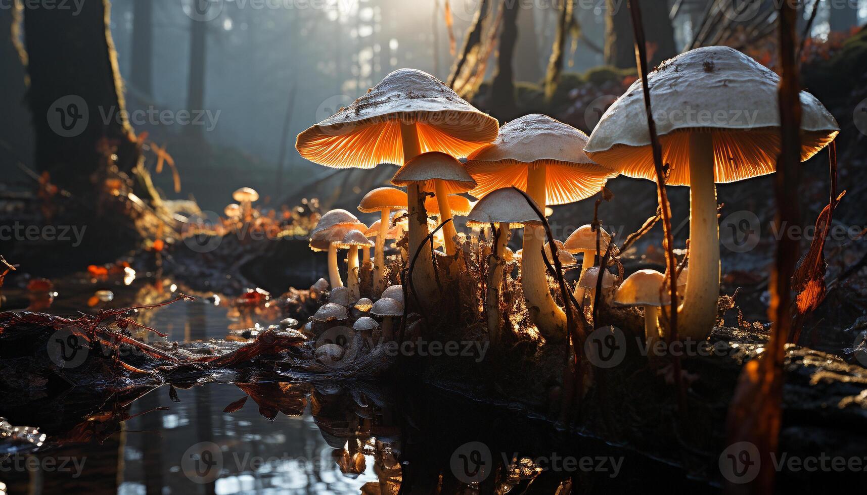 AI generated The autumn forest beauty in nature  edible mushroom, poisonous toadstool generated by AI photo