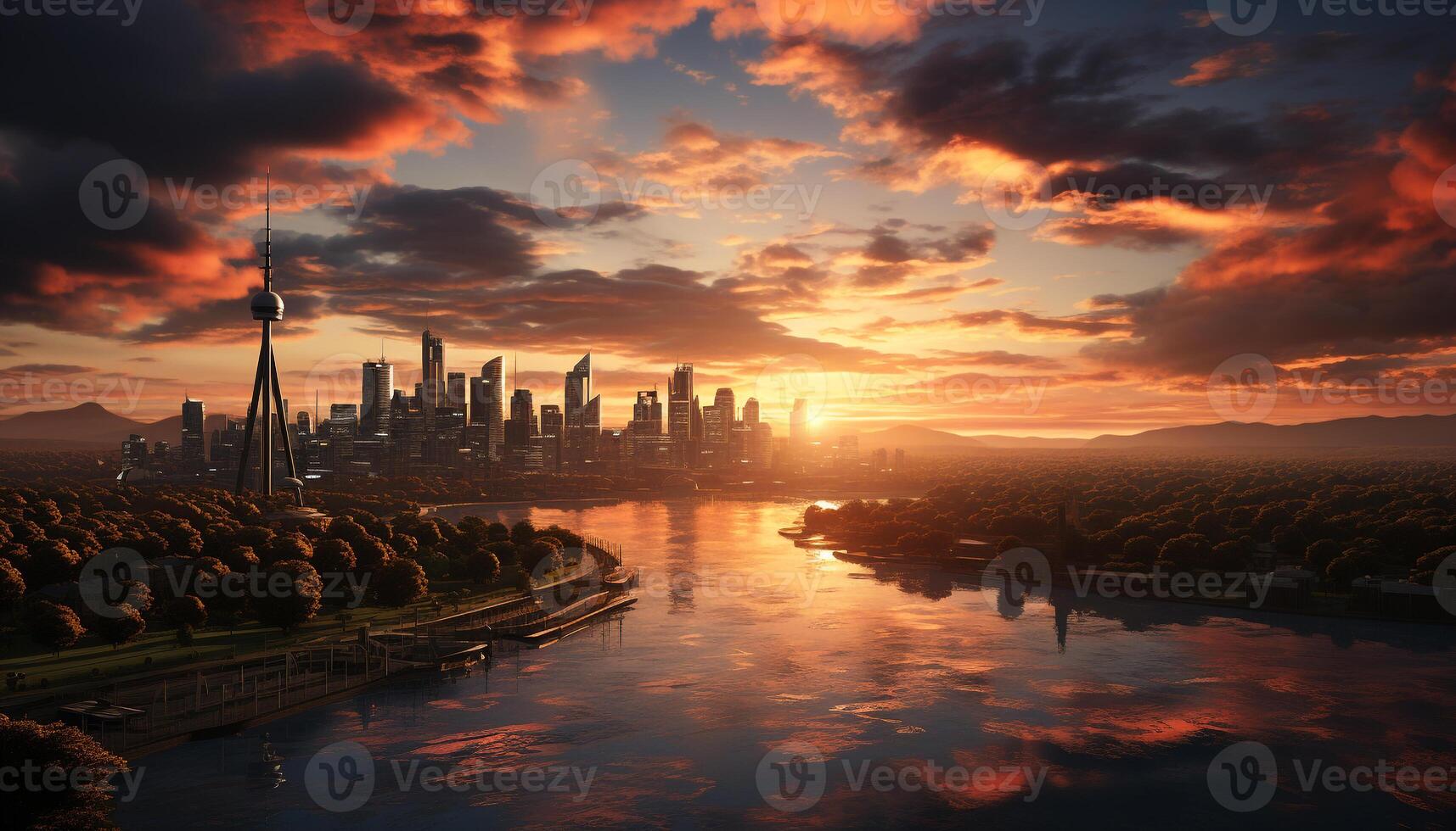 AI generated Urban skyline reflects in water, creating a beautiful sunset silhouette generated by AI photo