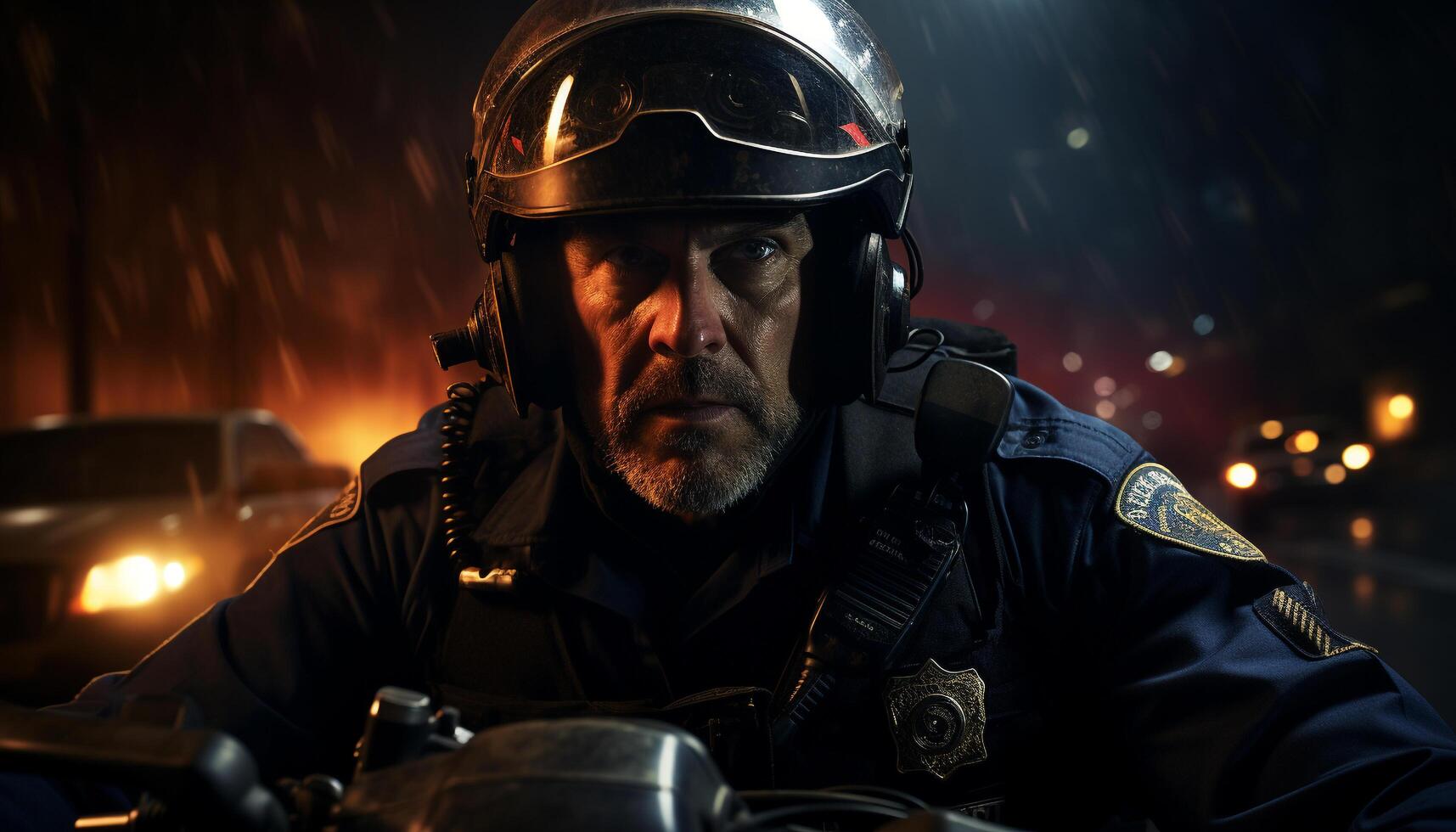 AI generated A brave officer drives motorcycle, protecting with flame and speed generated by AI photo