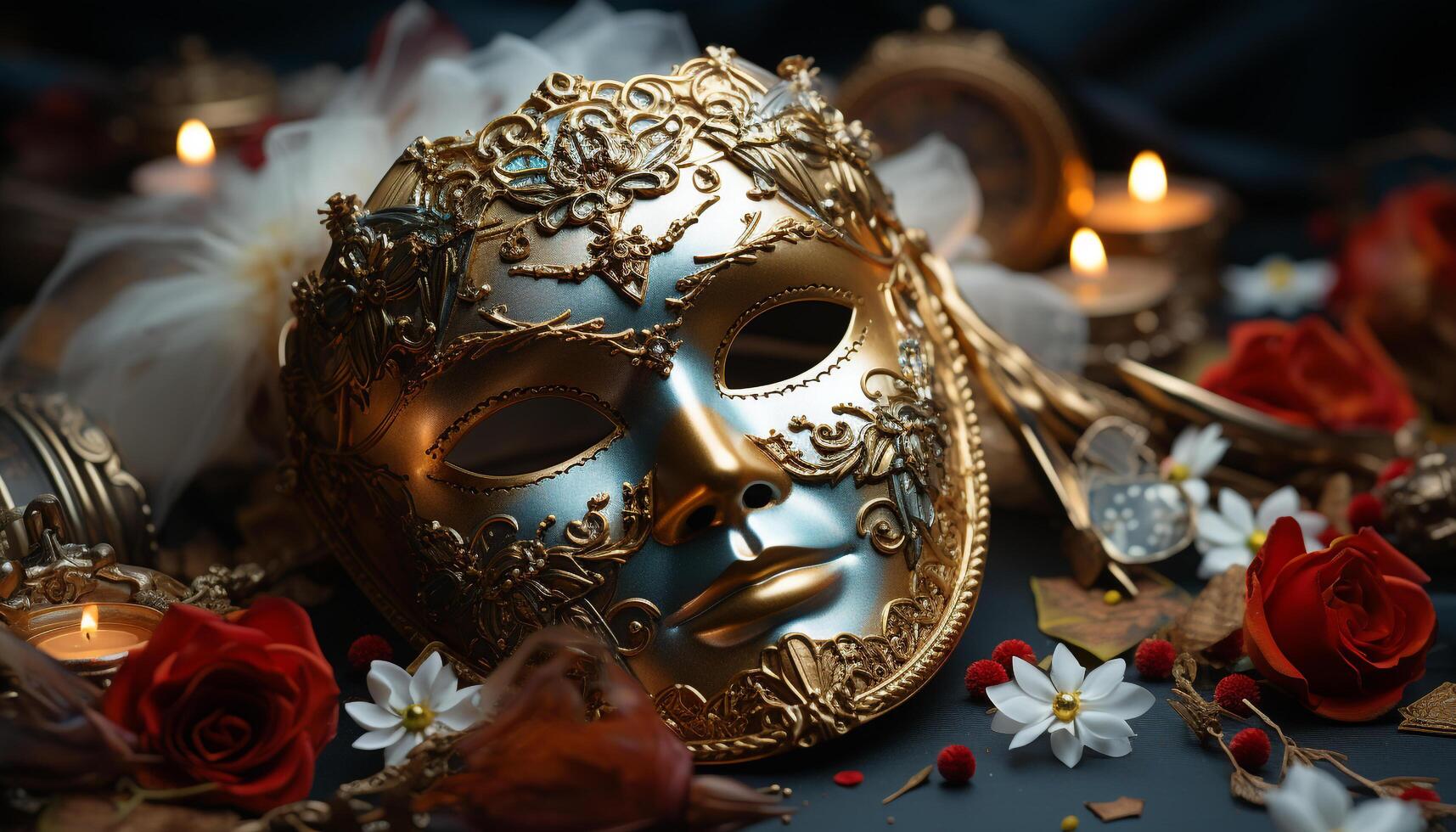 AI generated Elegant candlelit celebration, gold mask, antique gift, romance and mystery generated by AI photo