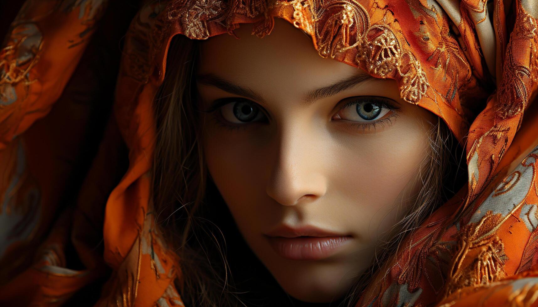 AI generated Young woman with brown hair, looking at camera with confidence generated by AI photo