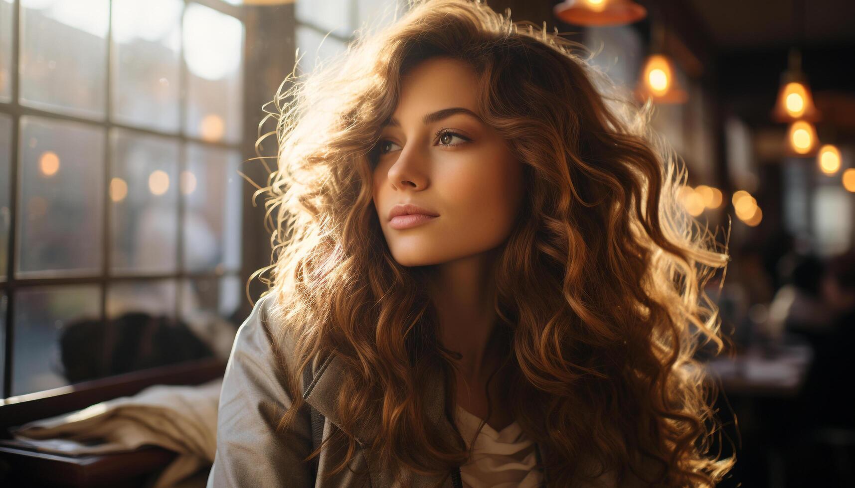 AI generated A beautiful young woman with long curly brown hair smiling generated by AI photo