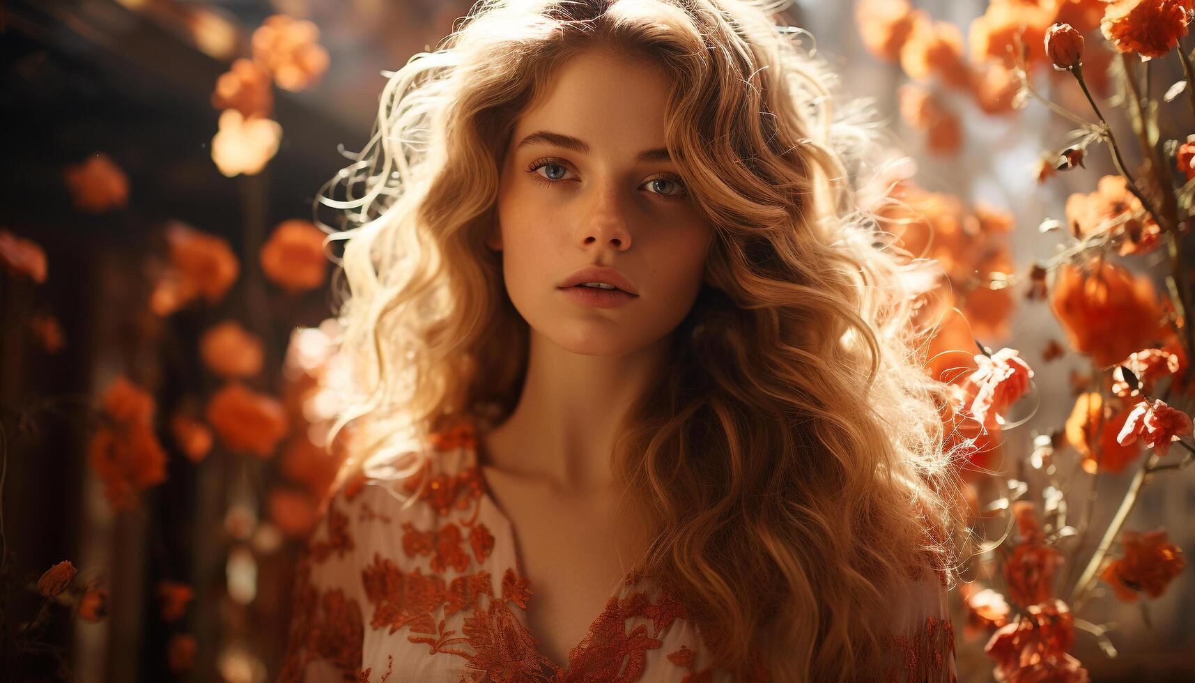 AI generated A beautiful woman, young and elegant, looking at the camera generated by AI photo