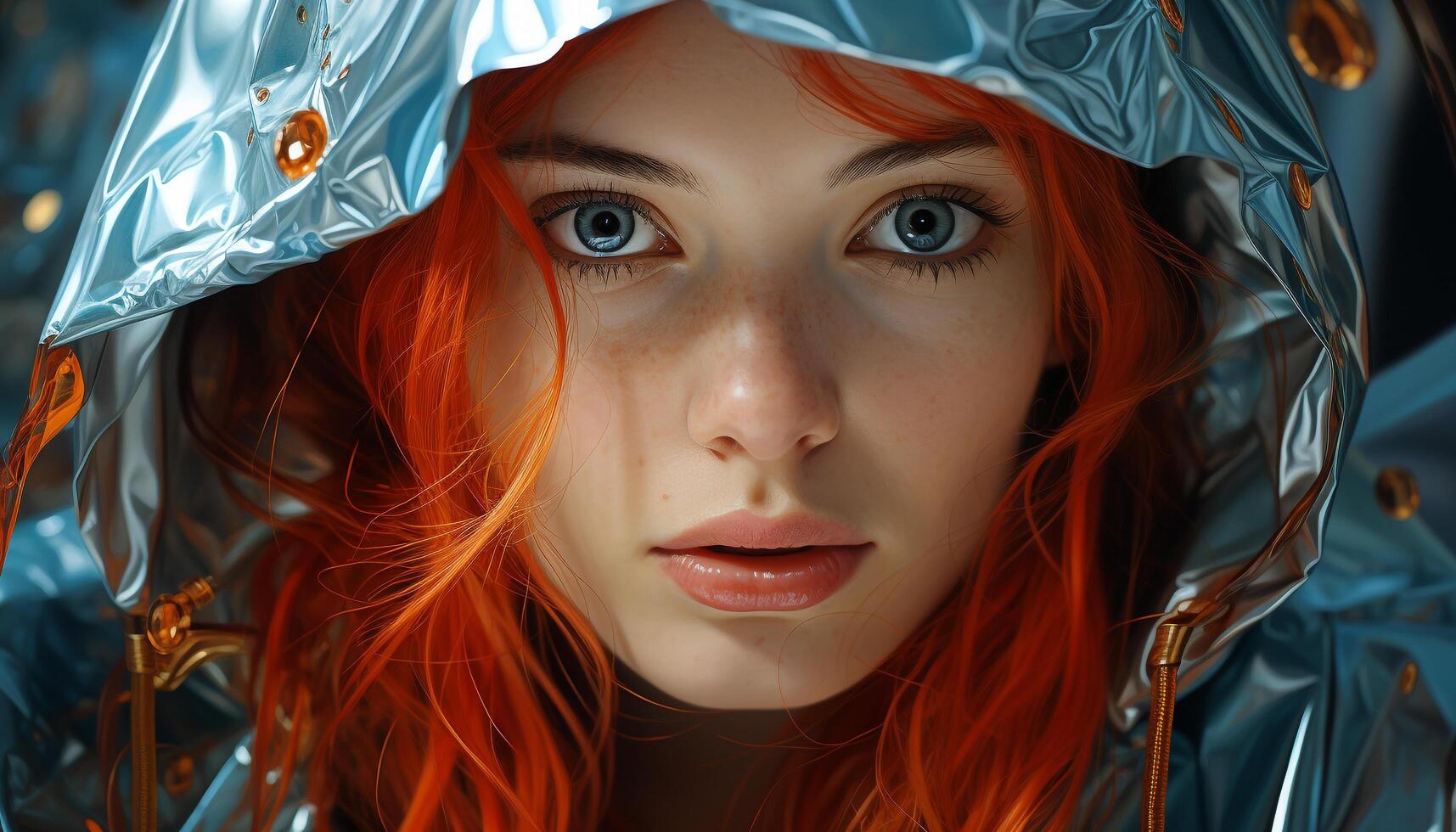 AI generated Beautiful young woman with long wet brown hair looking at camera generated by AI photo