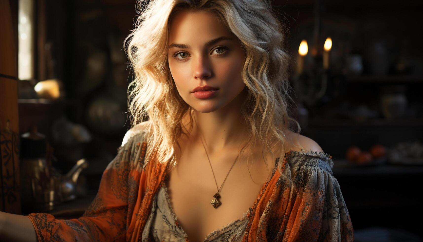 AI generated A beautiful young woman with blond hair and elegance generated by AI photo