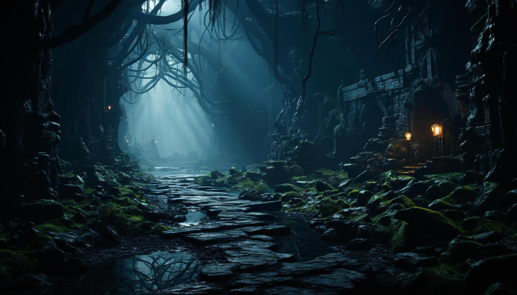AI generated Underwater adventure  mysterious dark forest, spooky fog, deep blue water generated by AI photo