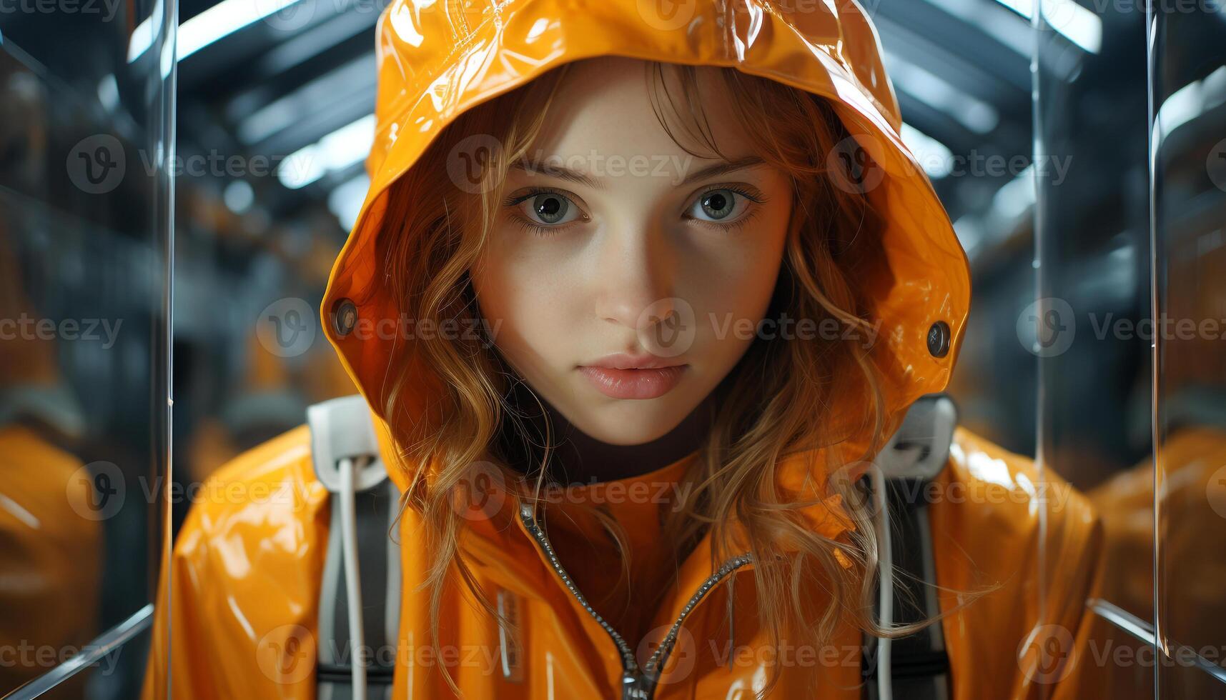 AI generated Young woman smiling, looking at camera in the rain generated by AI photo